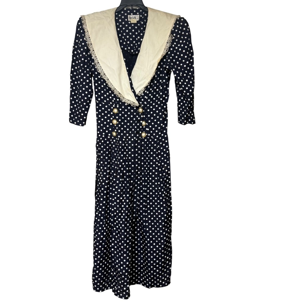 BGB LTD Polka Dot Dress‎ Women 10 Navy Blue Good Vintage Sailor Collar 80s Retro